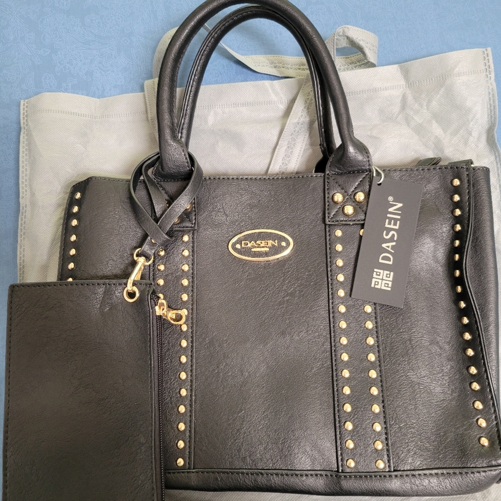 NWT DASEIN Black Studded Convertible Satchel/Shoulder Bag w/ Detachable Wristlet